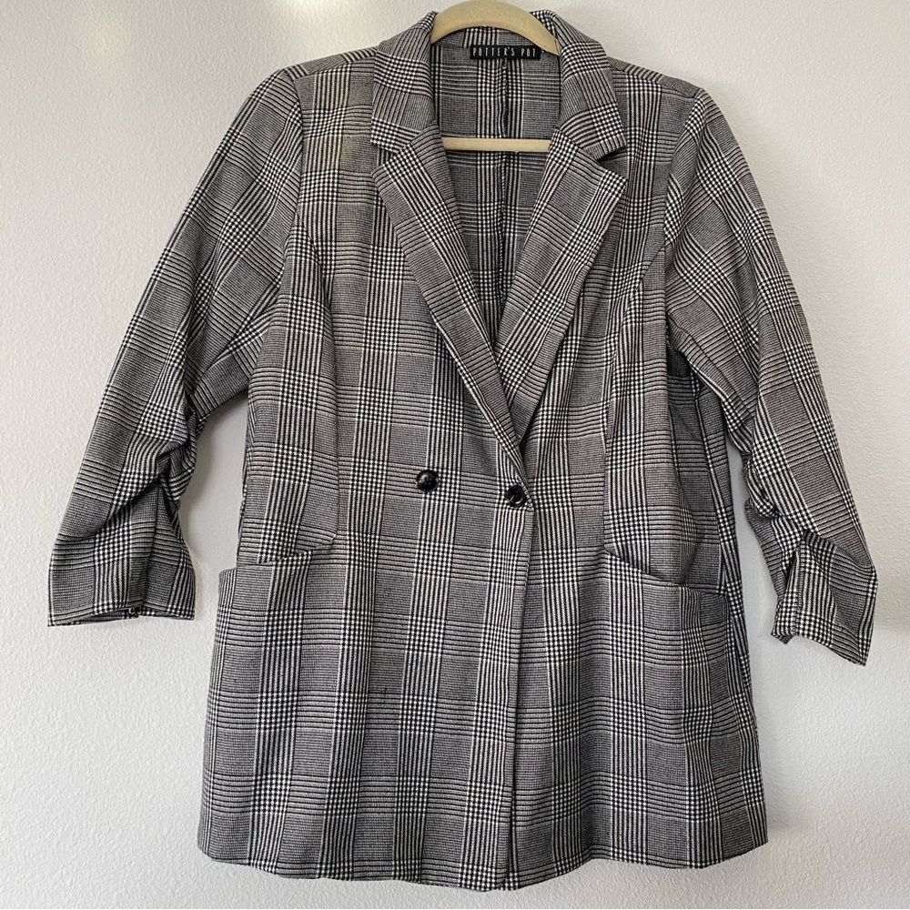 Plaid Blazer with Ruched Sleeves